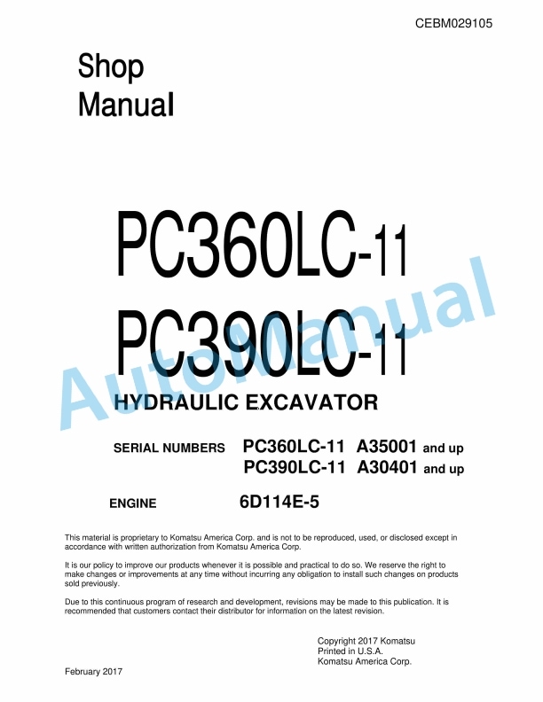 Komatsu PC360LC-11, PC390LC-11 Hydraulic Excavator Shop Manual CEBM029105