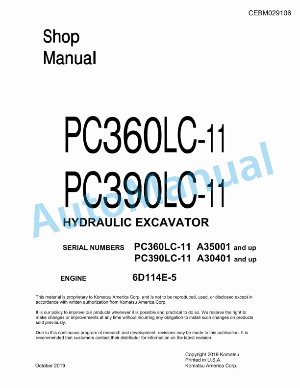 Komatsu PC360LC-11, PC390LC-11 Hydraulic Excavator Shop Manual CEBM029106