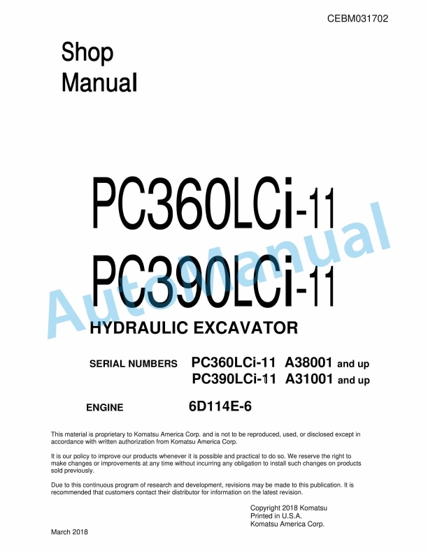 Komatsu PC360LCi-11, PC390LCi-11 Hydraulic Excavator Shop Manual CEBM031702