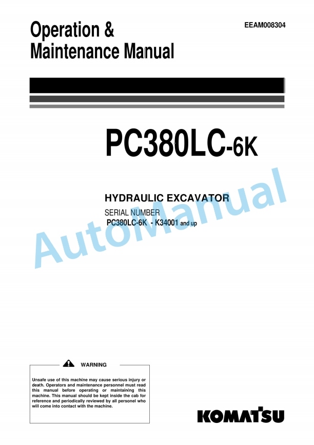 Komatsu PC380LC-6K Hydraulic Excavator Operation and Maintenance Manual EEAM008304