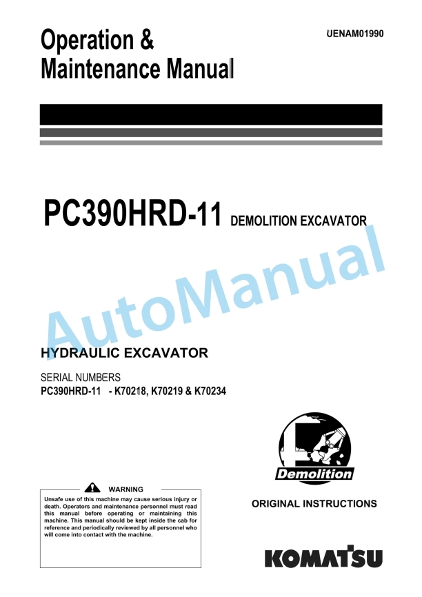 Komatsu PC390HRD-11 Demolition Hydraulic Excavator Operation and Maintenance Manual UENAM01990