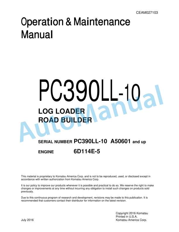Komatsu PC390LL-10 Log Loader Operation and Maintenance Manual CEAM027103
