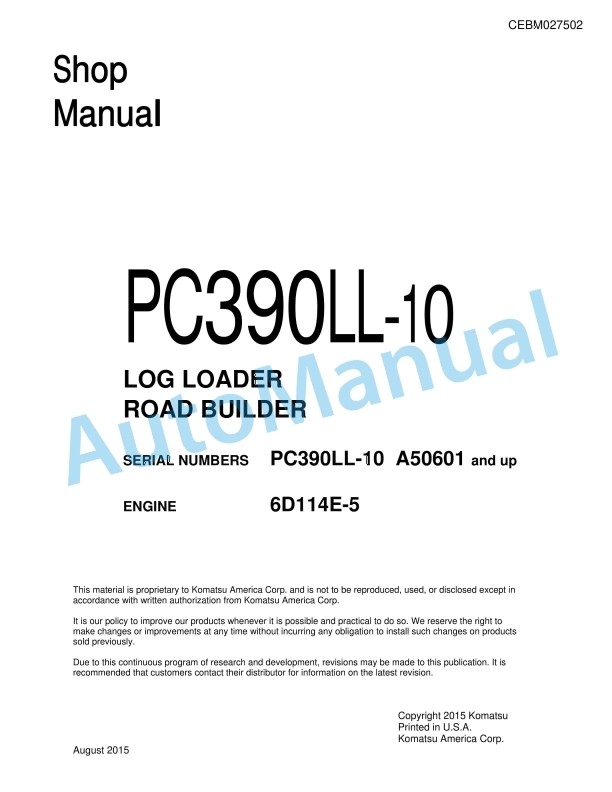 Komatsu PC390LL-10 Log Loader Shop Manual CEBM027502