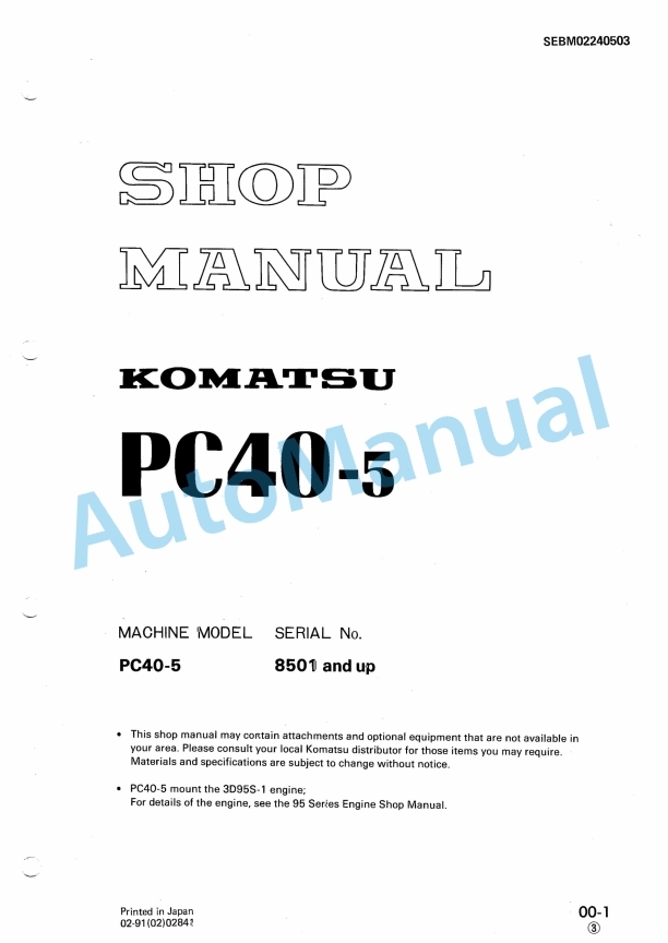 Komatsu PC40-5 Hydraulic Excavator Shop Manual SEBM02240503