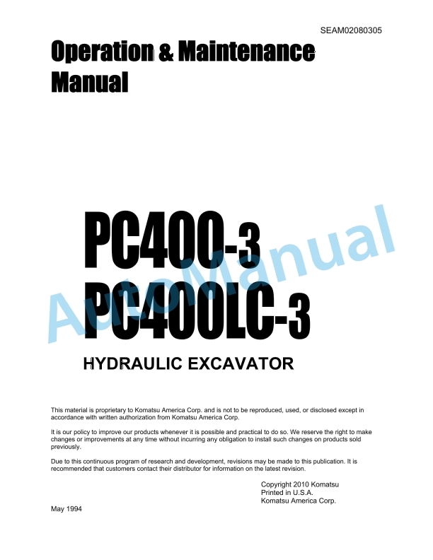 Komatsu PC400-3, PC400LC-3 Hydraulic Excavator Operation and Maintenance Manual SEAM02080305