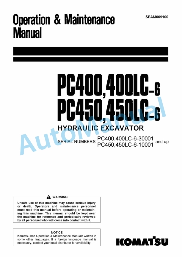 Komatsu PC400-6, PC400LC-6, PC450-6, PC450LC-6 Hydraulic Excavator Operation and Maintenance Manual SEAM009100