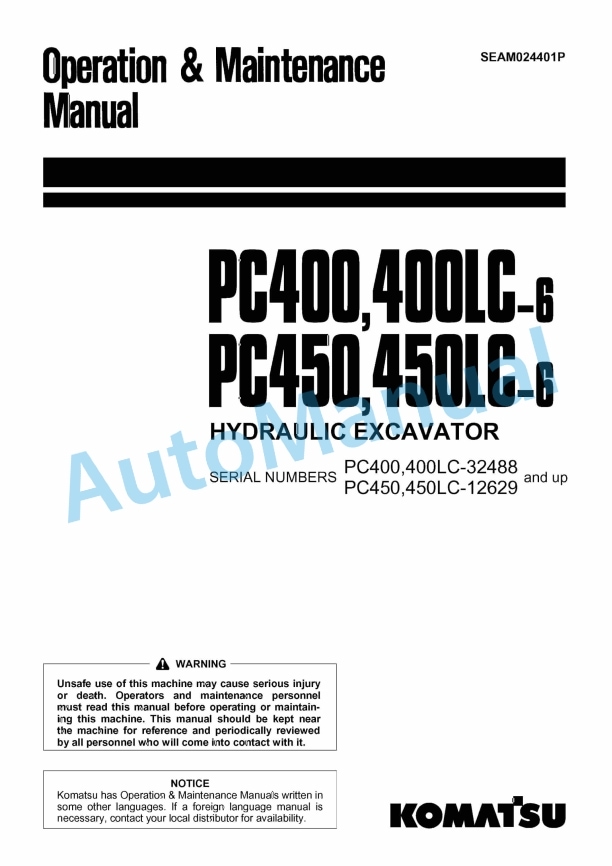 Komatsu PC400-6, PC400LC-6, PC450-6, PC450LC-6 Hydraulic Excavator Operation and Maintenance Manual SEAM024401P