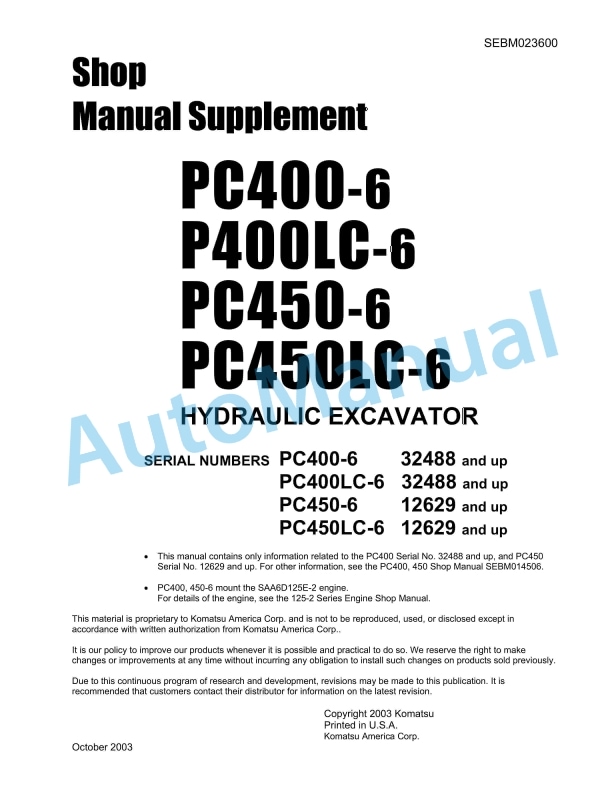 Komatsu PC400-6, PC400LC-6, PC450-6, PC450LC-6 Hydraulic Excavator Shop Manual SEBM023600
