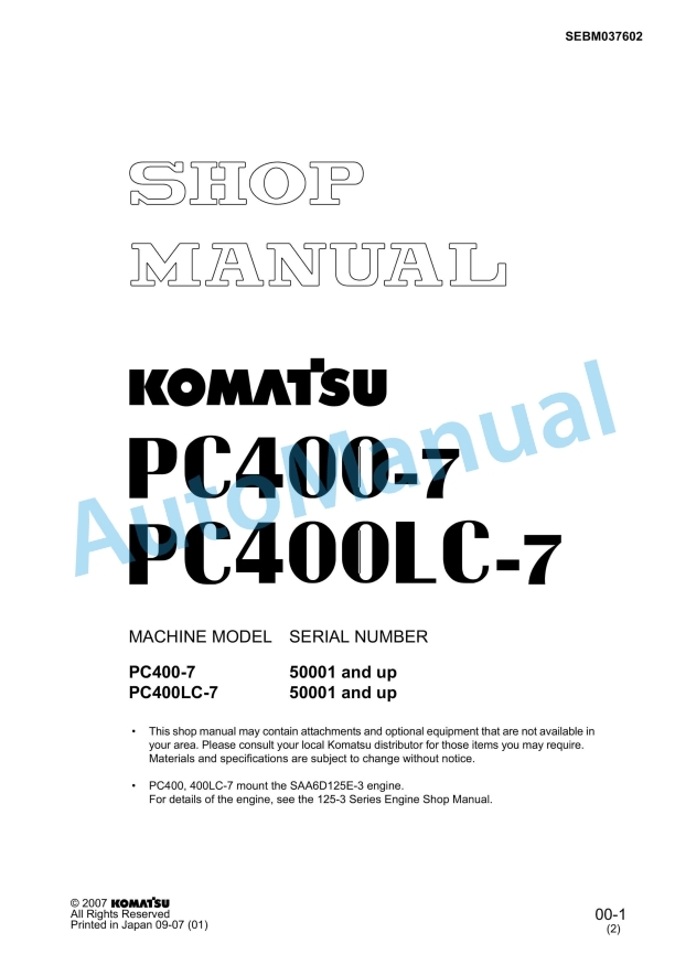 Komatsu PC400-7, PC400LC-7 Hydraulic Excavator Shop Manual SEBM037602