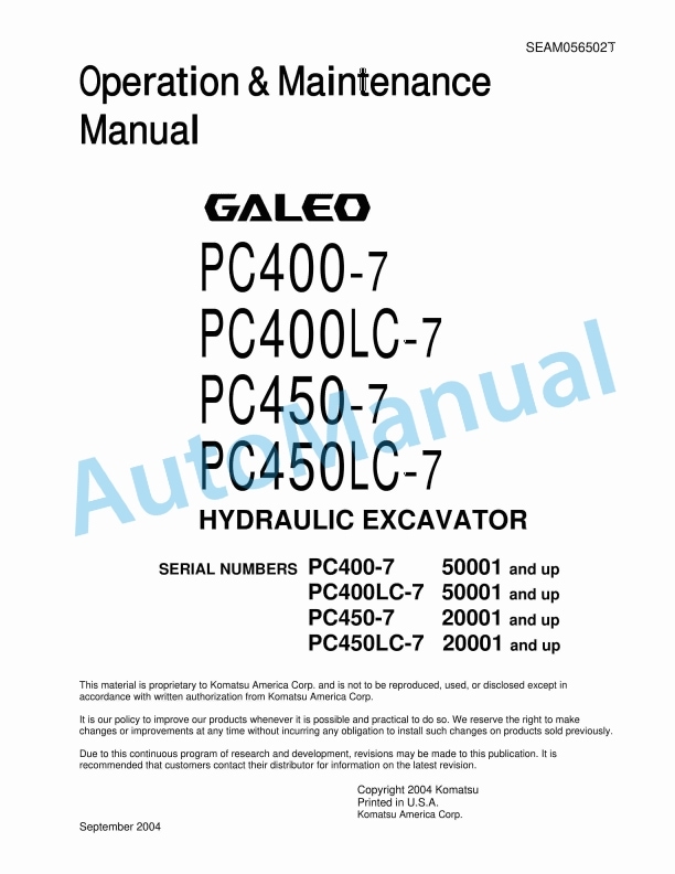 Komatsu PC400-7, PC400LC-7, PC450-7, PC450LC-7 Galeo Hydraulic Excavator Operation and Maintenance Manual SEAM056502T