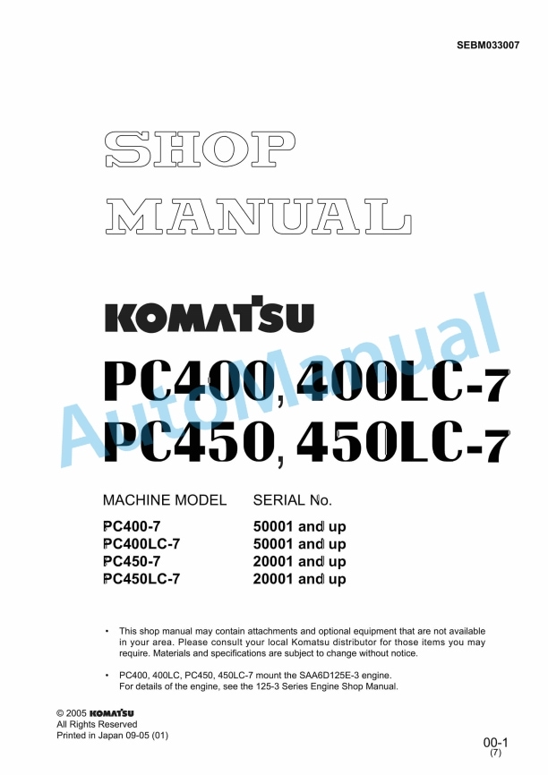 Komatsu PC400-7, PC400LC-7, PC450-7, PC450LC-7 Hydraulic Excavator Shop Manual SEBM033007