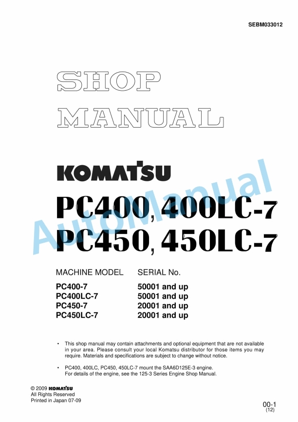 Komatsu PC400-7, PC400LC-7, PC450-7, PC450LC-7 Hydraulic Excavator Shop Manual SEBM033012