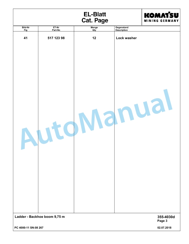 Komatsu PC4000-11 Hydraulic Excavator Parts Manual G08267-2