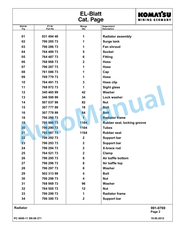Komatsu PC4000-11 Hydraulic Excavator Parts Manual G08271-5