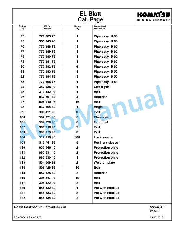 Komatsu PC4000-11 Hydraulic Excavator Parts Manual G08273-2