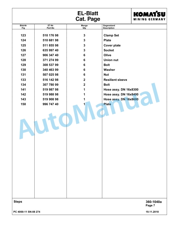Komatsu PC4000-11 Hydraulic Excavator Parts Manual G08274-4