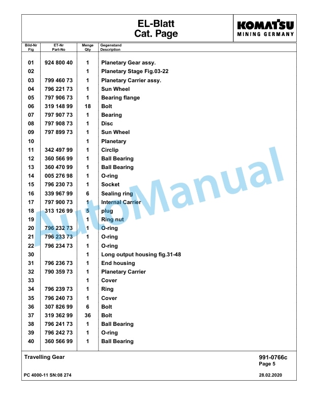 Komatsu PC4000-11 Hydraulic Excavator Parts Manual G08274-5