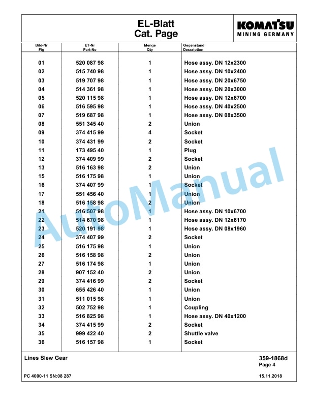 Komatsu PC4000-11 Hydraulic Excavator Parts Manual G08287-3