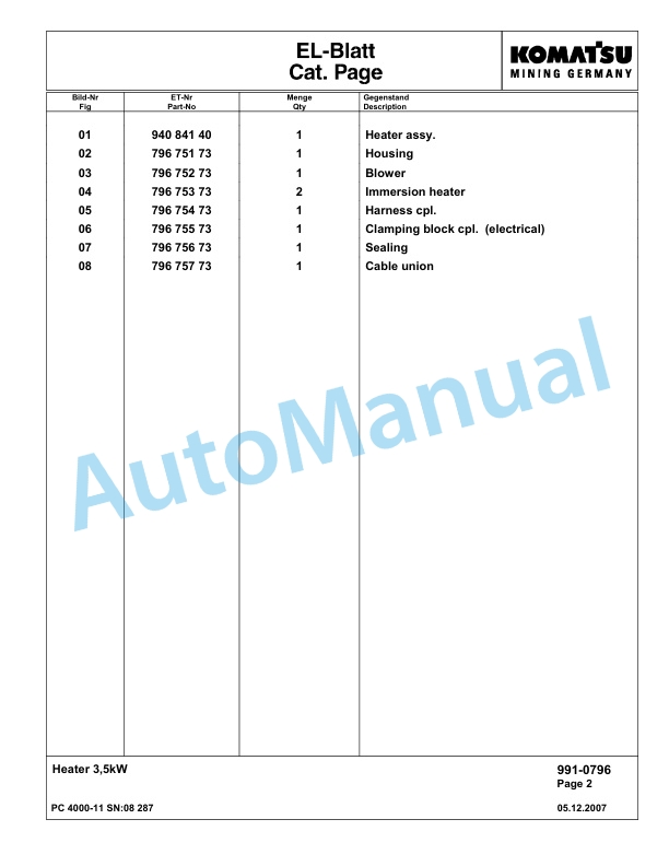 Komatsu PC4000-11 Hydraulic Excavator Parts Manual G08287-5