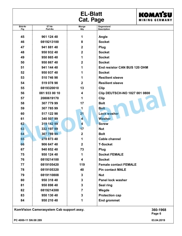 Komatsu PC4000-11 Hydraulic Excavator Parts Manual G08289-4