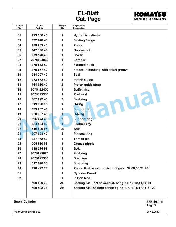 Komatsu PC4000-11 Hydraulic Excavator Parts Manual G08292-2