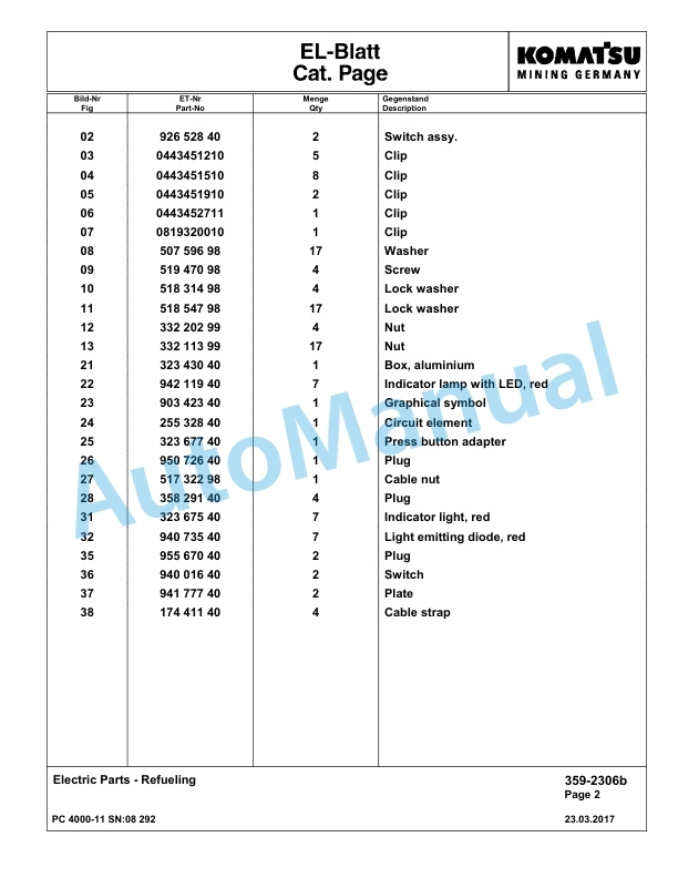 Komatsu PC4000-11 Hydraulic Excavator Parts Manual G08292-4