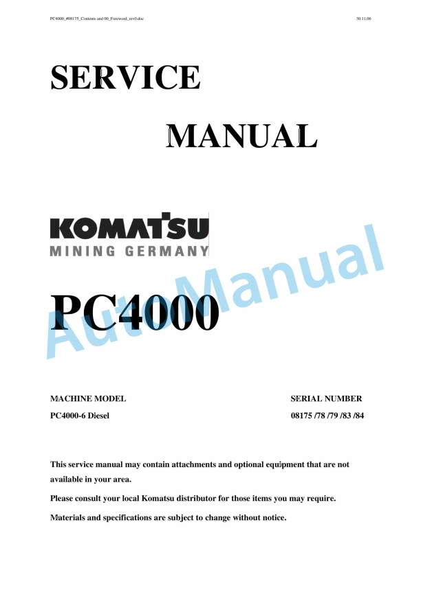 Komatsu PC4000-6 Diesel Engine Service Manual