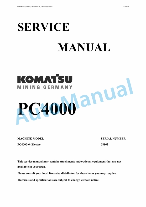 Komatsu PC4000-6 Electrical Hydraulic Mining Excavator Service Manual