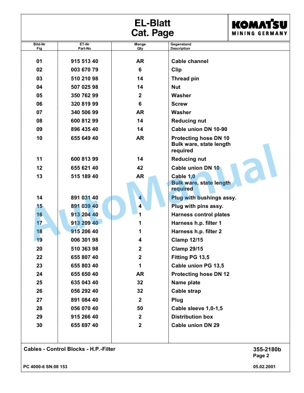 Komatsu PC4000-6 Hydraulic Excavator Parts Manual G08153-4