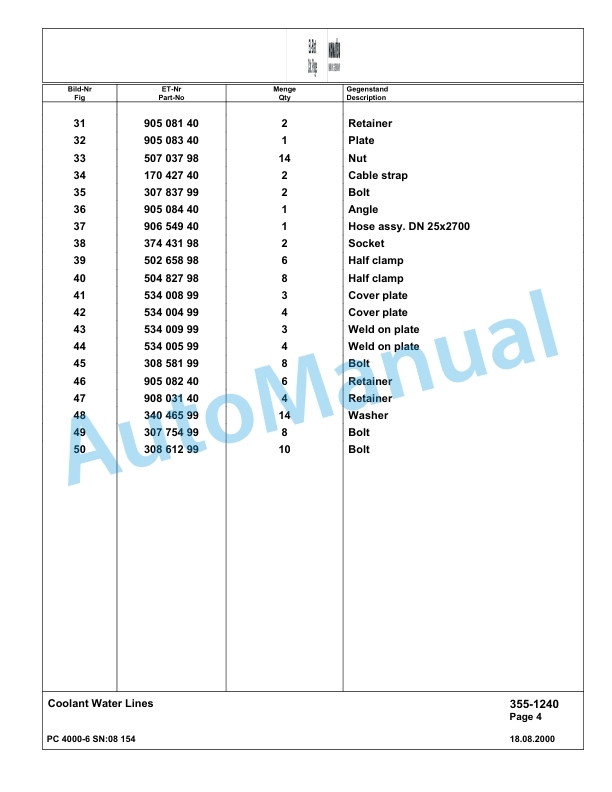 Komatsu PC4000-6 Hydraulic Excavator Parts Manual G08154-2