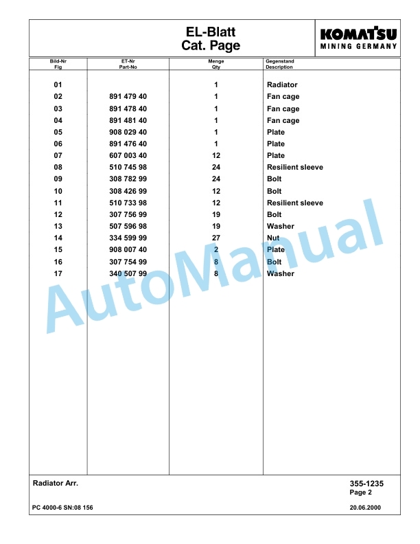 Komatsu PC4000-6 Hydraulic Excavator Parts Manual G08156-2