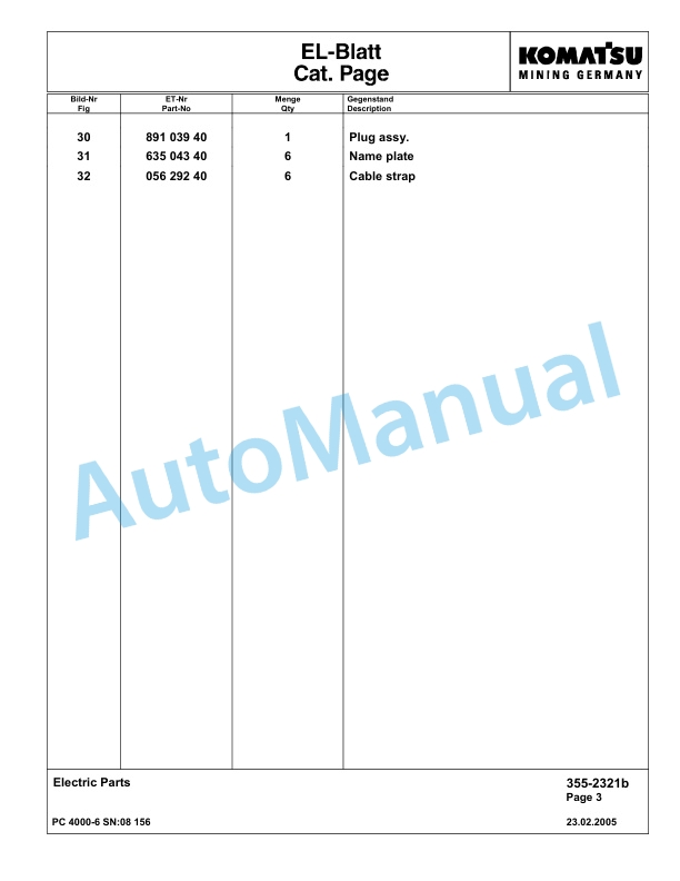 Komatsu PC4000-6 Hydraulic Excavator Parts Manual G08156-4