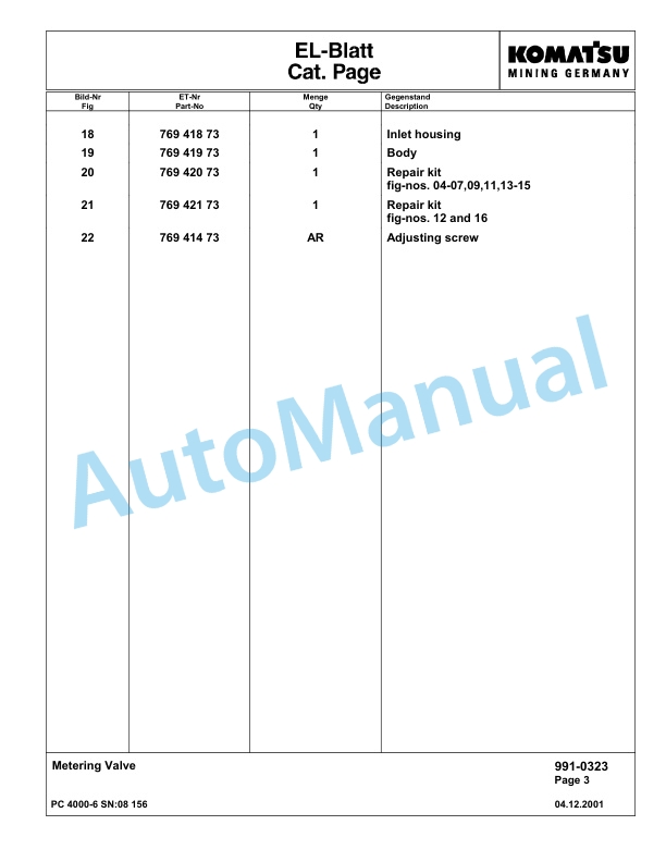 Komatsu PC4000-6 Hydraulic Excavator Parts Manual G08156-5