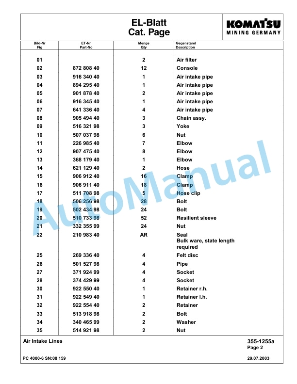 Komatsu PC4000-6 Hydraulic Excavator Parts Manual G08159-2
