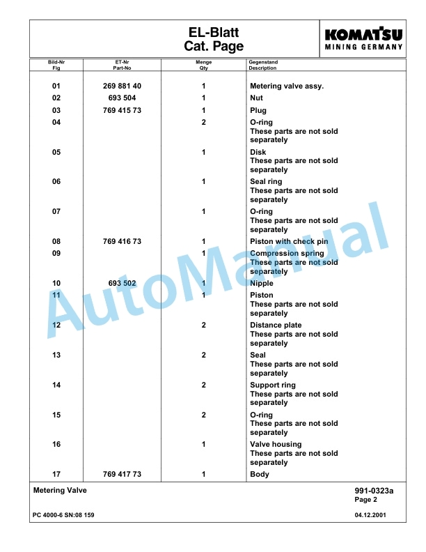 Komatsu PC4000-6 Hydraulic Excavator Parts Manual G08159-5