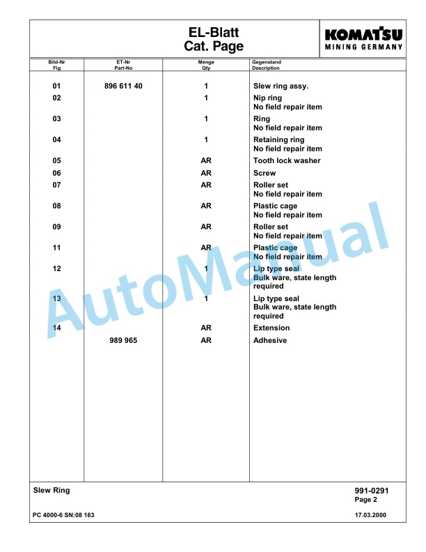 Komatsu PC4000-6 Hydraulic Excavator Parts Manual G08163-5