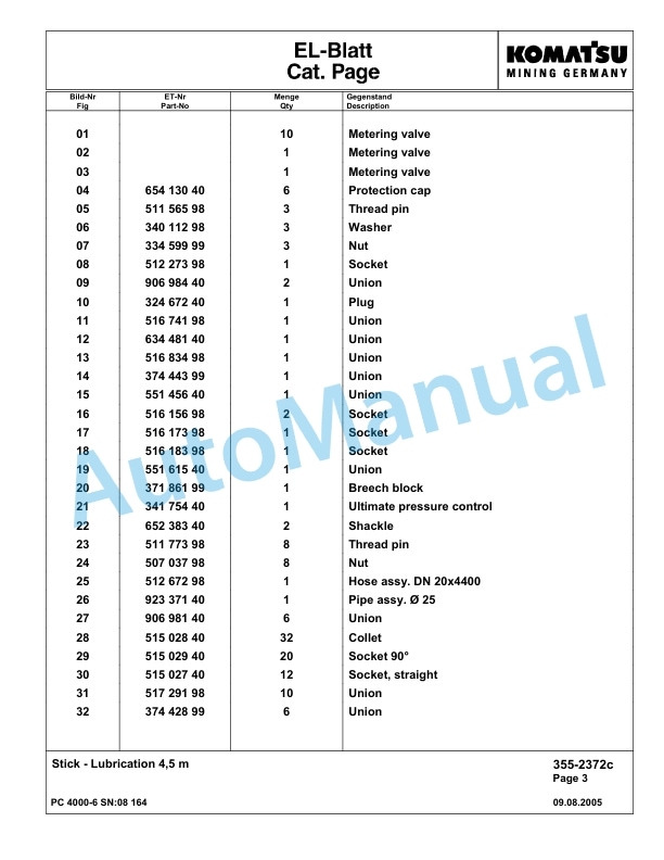 Komatsu PC4000-6 Hydraulic Excavator Parts Manual G08164-4