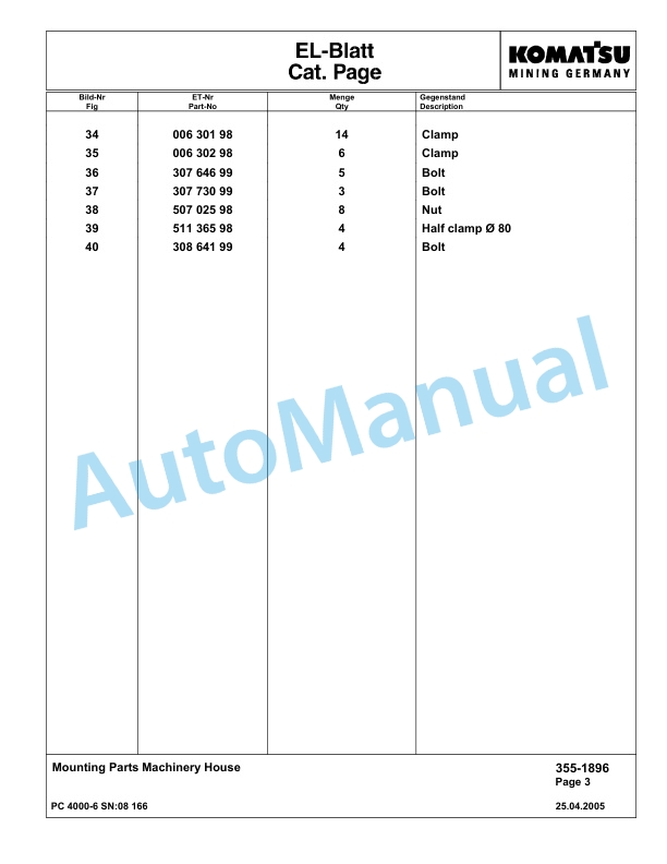 Komatsu PC4000-6 Hydraulic Excavator Parts Manual G08166-3