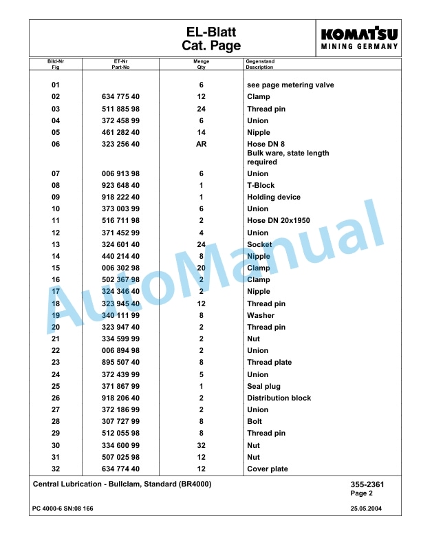 Komatsu PC4000-6 Hydraulic Excavator Parts Manual G08166-4