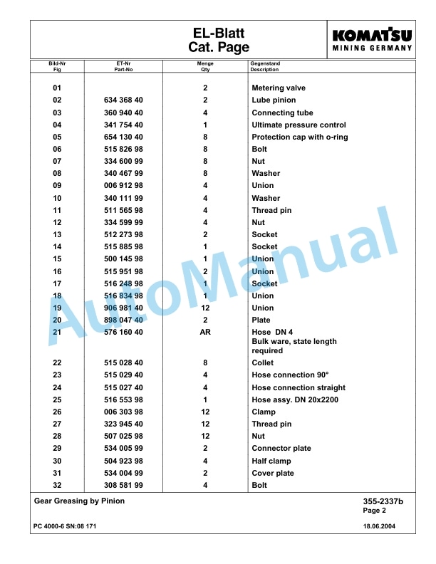 Komatsu PC4000-6 Hydraulic Excavator Parts Manual G08171-4