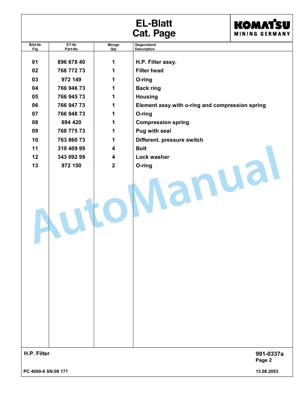 Komatsu PC4000-6 Hydraulic Excavator Parts Manual G08171-5