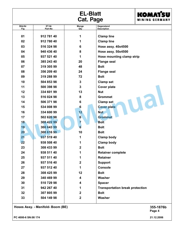 Komatsu PC4000-6 Hydraulic Excavator Parts Manual G08174-3
