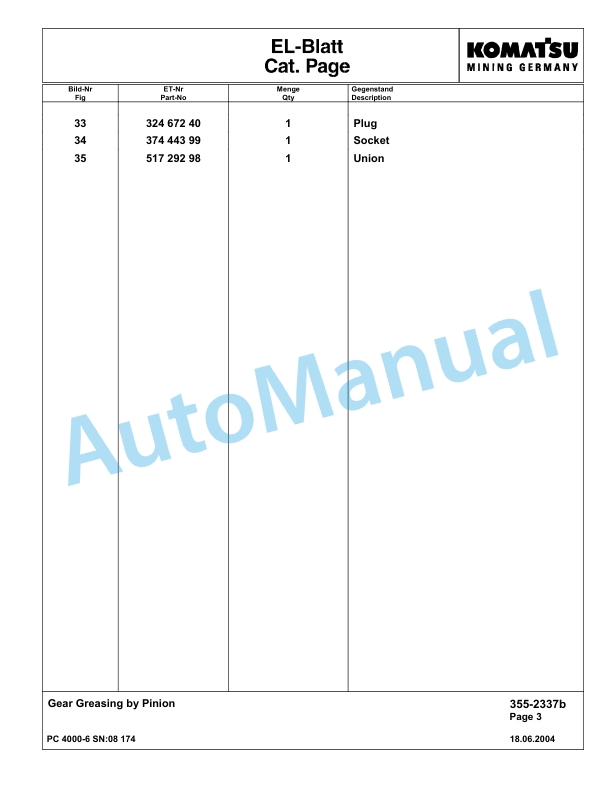 Komatsu PC4000-6 Hydraulic Excavator Parts Manual G08174-4