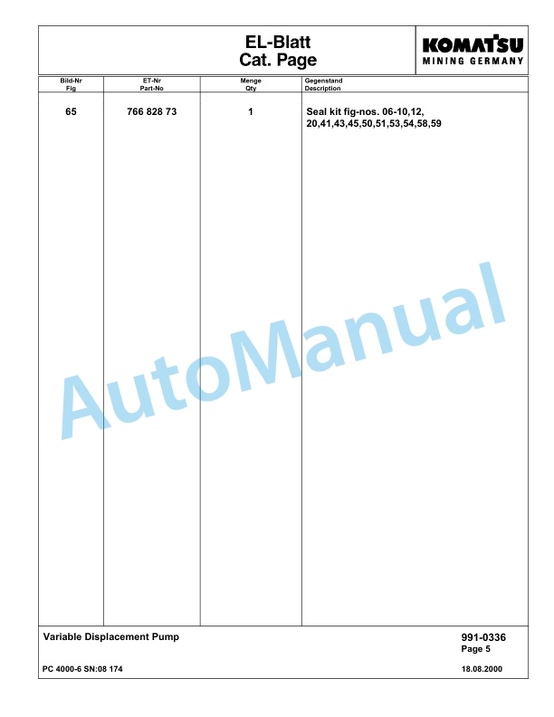Komatsu PC4000-6 Hydraulic Excavator Parts Manual G08174-5