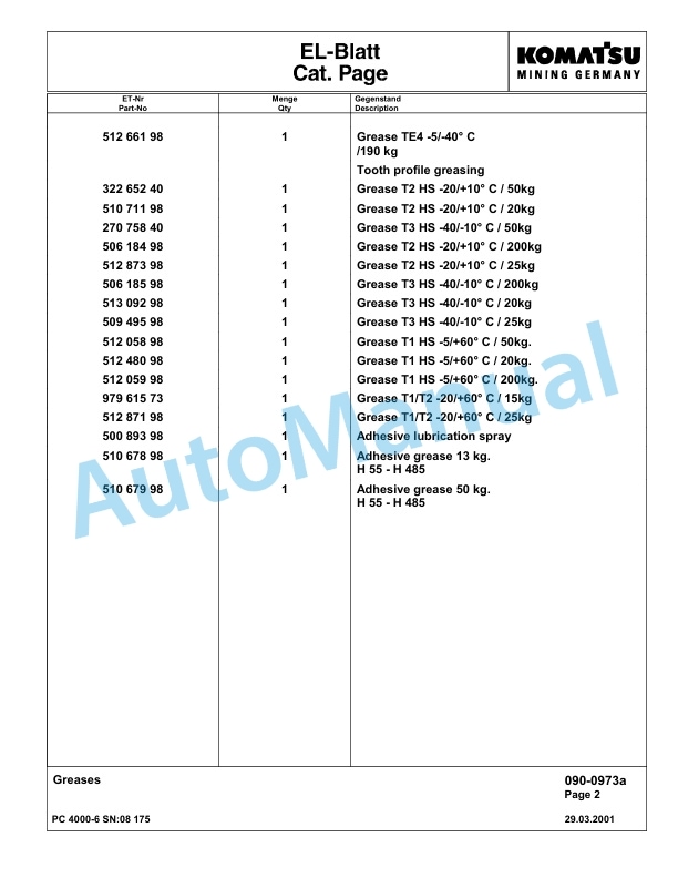 Komatsu PC4000-6 Hydraulic Excavator Parts Manual G08175-2