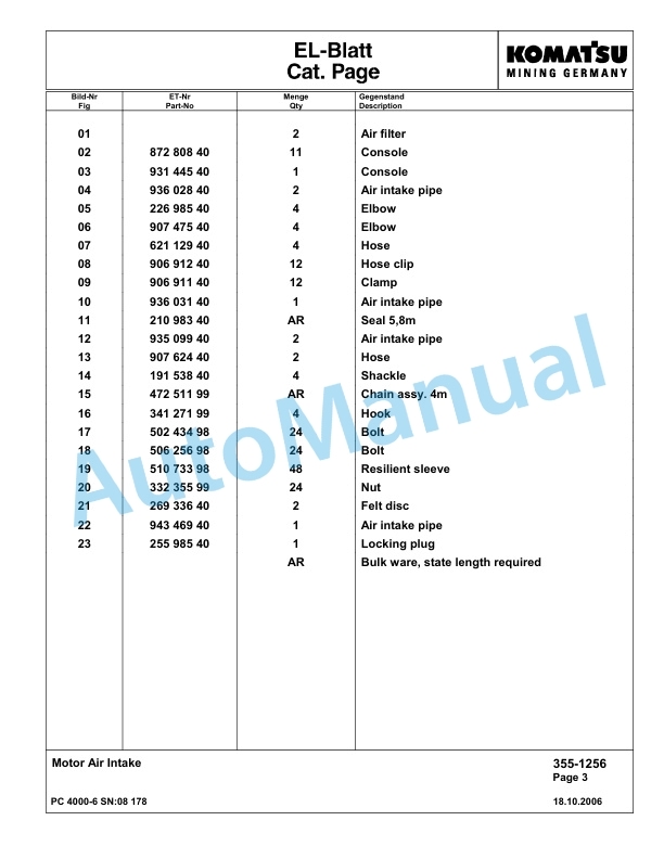 Komatsu PC4000-6 Hydraulic Excavator Parts Manual G08178-2