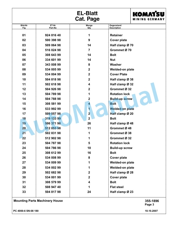 Komatsu PC4000-6 Hydraulic Excavator Parts Manual G08180-3