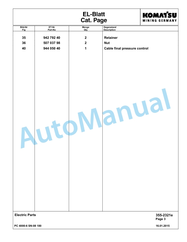 Komatsu PC4000-6 Hydraulic Excavator Parts Manual G08180-4