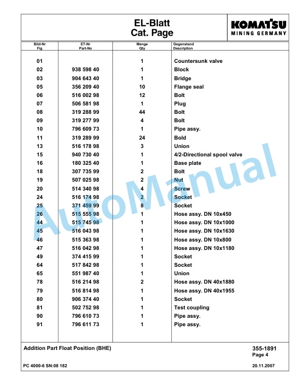 Komatsu PC4000-6 Hydraulic Excavator Parts Manual G08182-3