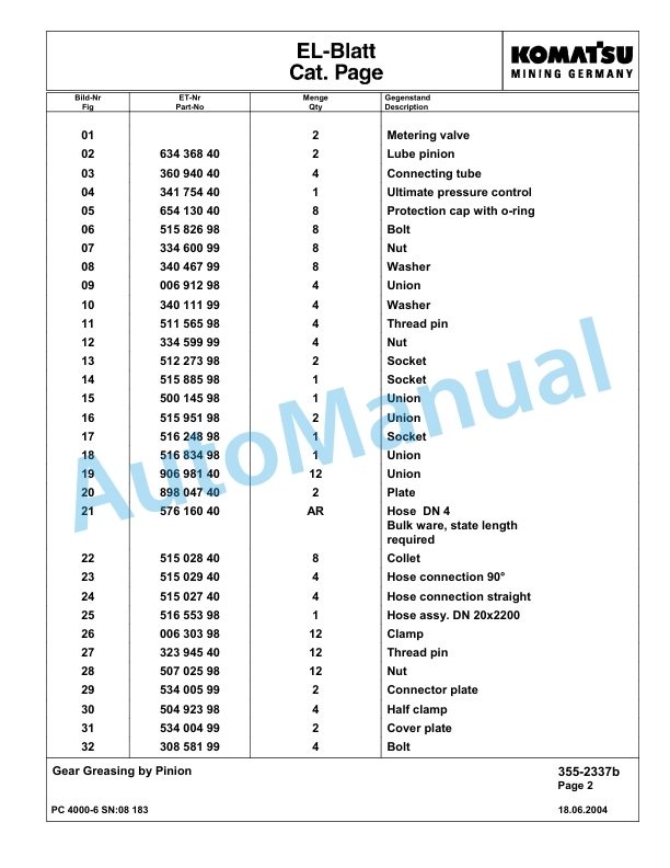 Komatsu PC4000-6 Hydraulic Excavator Parts Manual G08183-4